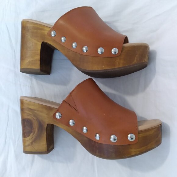 Chelsea & Violet "Verger" Brown Leather Open Toe Platform Heeled Mule Size 7.5 - Picture 5 of 11